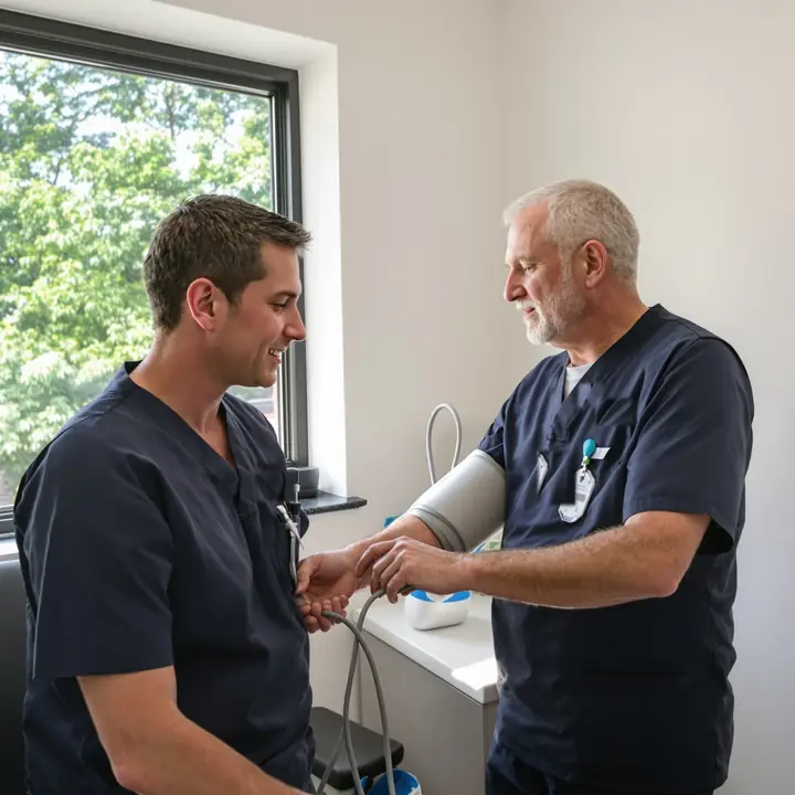 A nurse checking a patient's blood pressure at a clinic