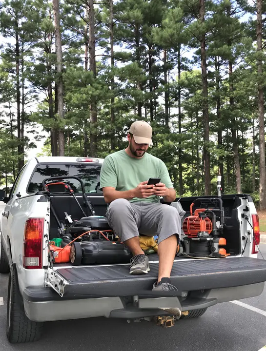 A self employed landscaper checking his phone on his truck tailgate