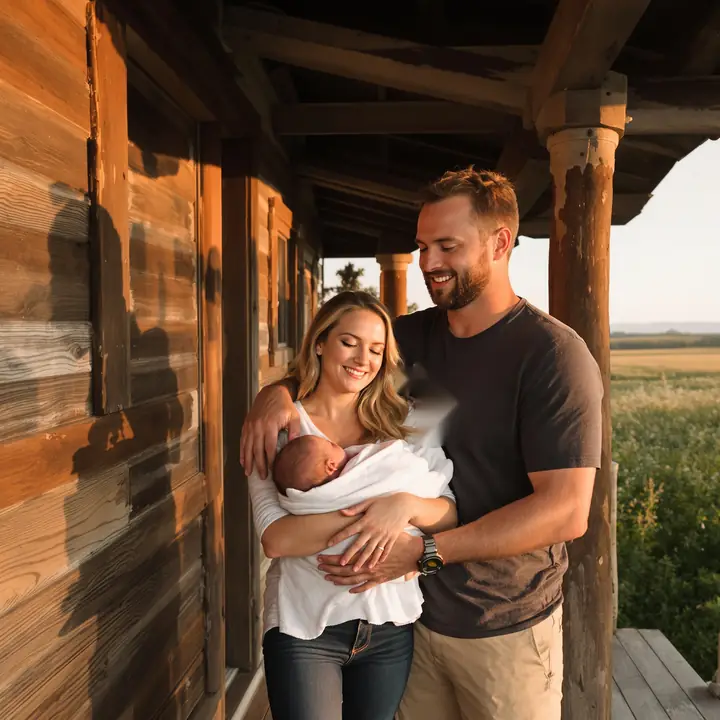 New parents holding their baby on a farmhouse porch