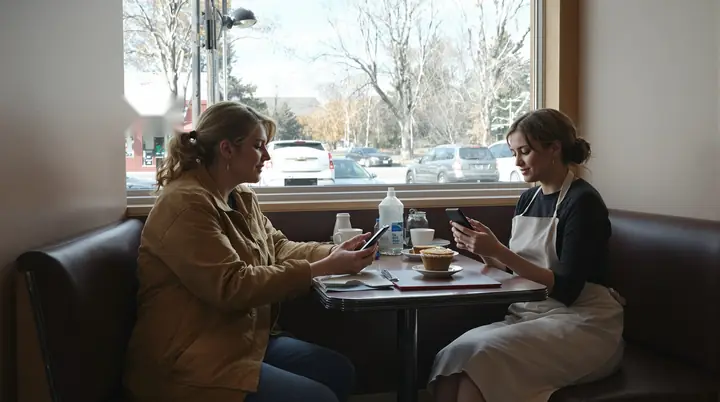 An agent helping a diner server look over plans on her phone