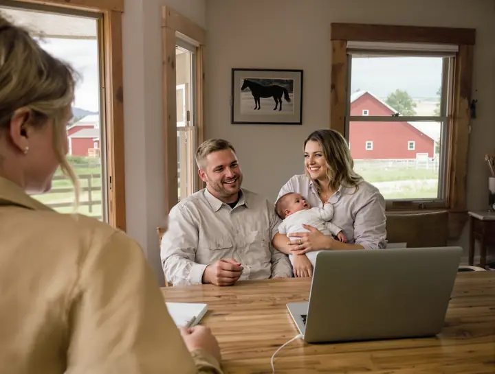 An agent with a young ranch family at their kitchen table