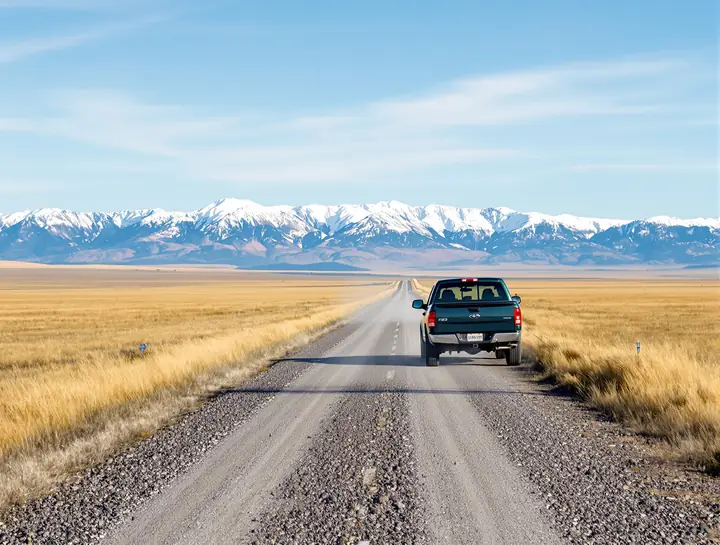 A pickup on a gravel road through prairie with mountains far off