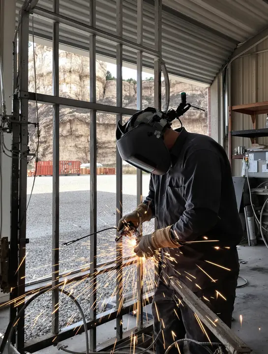 A self employed welder grinding a gate in his shop