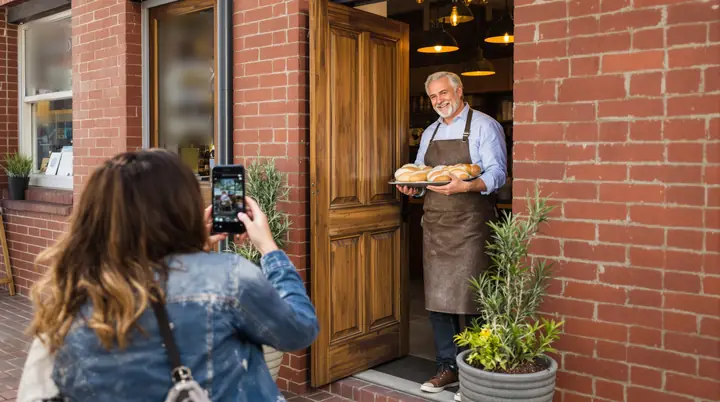 Photographing a bakery owner at her shop door