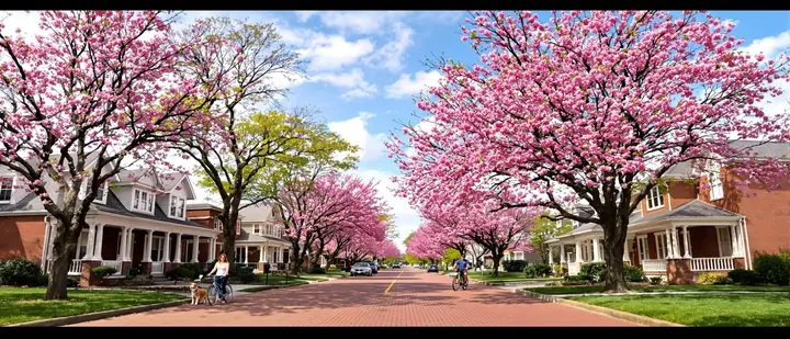 Redbuds in bloom on a brick street near downtown Norman