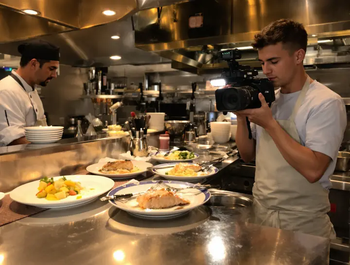 Filming a cook plating salmon at the pass