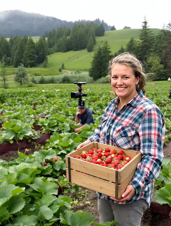 Filming a farmer with a crate of strawberries in Whatcom County