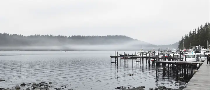 A misty morning at the Bellingham harbor with a camera on a tripod at the end of the pier