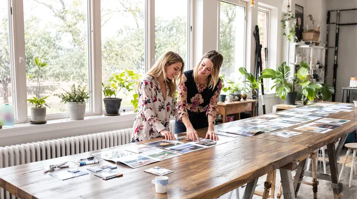 Nora and Sam picking photos from a row of printed proofs in the studio
