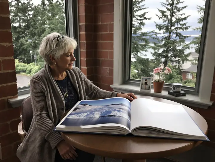 An advisor going through a book of glacier photos with a couple at the Fairhaven office