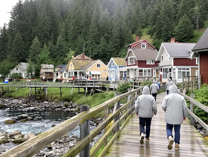 Passengers walking a creekside boardwalk in the rain