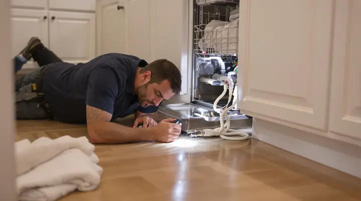 Tech on the kitchen floor with a flashlight under a dishwasher