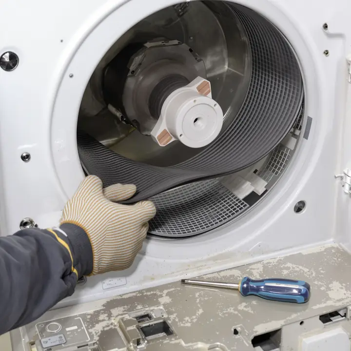 Hands fitting a new belt around a dryer drum