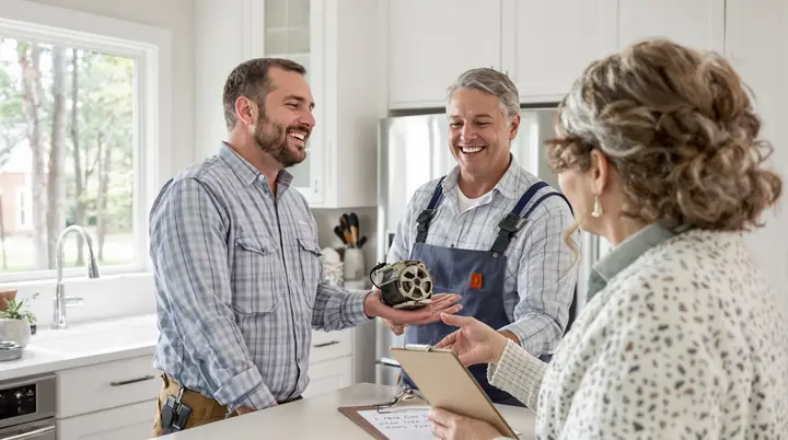 Tech showing a homeowner the worn part at the kitchen island