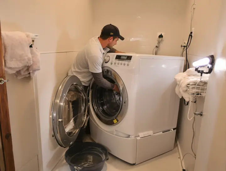 Tech pulling a front load washer out to reach the drain pump in a laundry room
