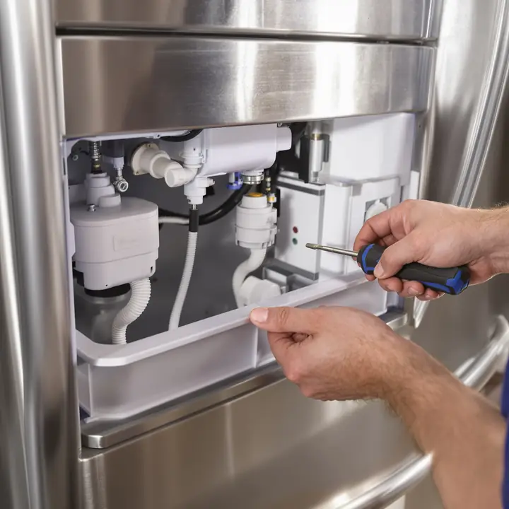 Tech replacing an ice maker in a French door fridge