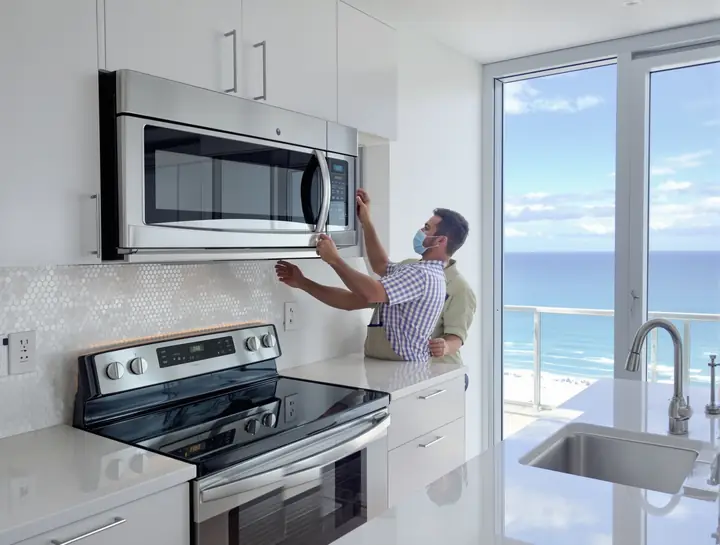 Tech lifting an over the range microwave in a high rise kitchen with an ocean view
