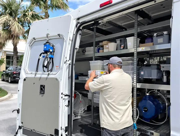 Tech pulling a part from labeled bins inside a service van