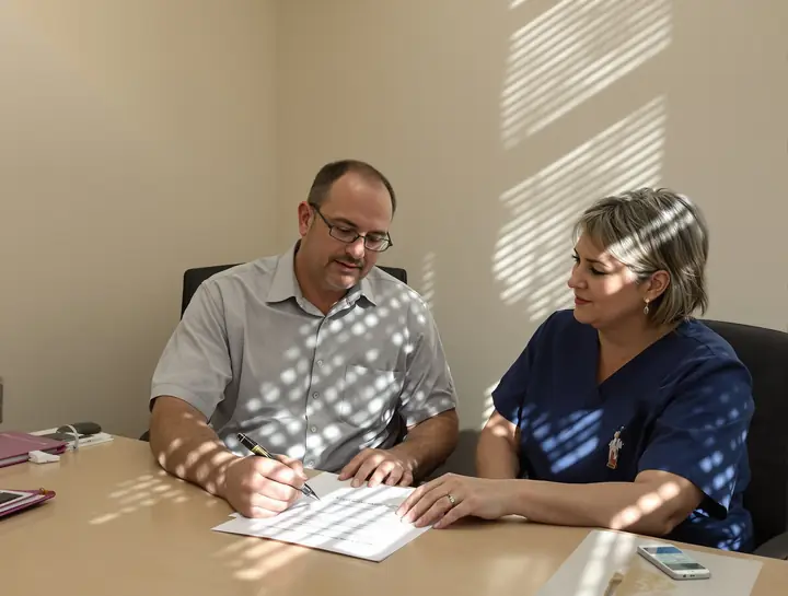 Loan officer pointing out a line on a car contract for a nurse at her desk
