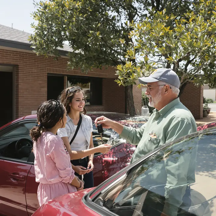 Grandfather handing the keys of a used red sedan to his granddaughter in a Midland driveway