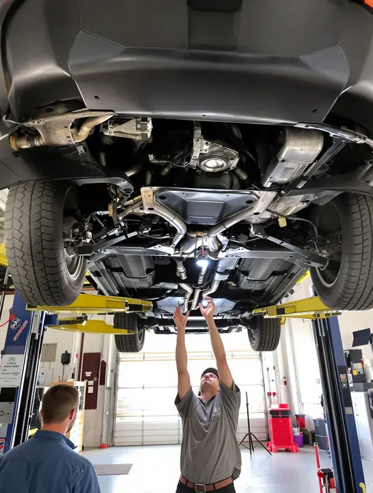 Tech checking the underside of a used SUV on the lift during a pre purchase inspection