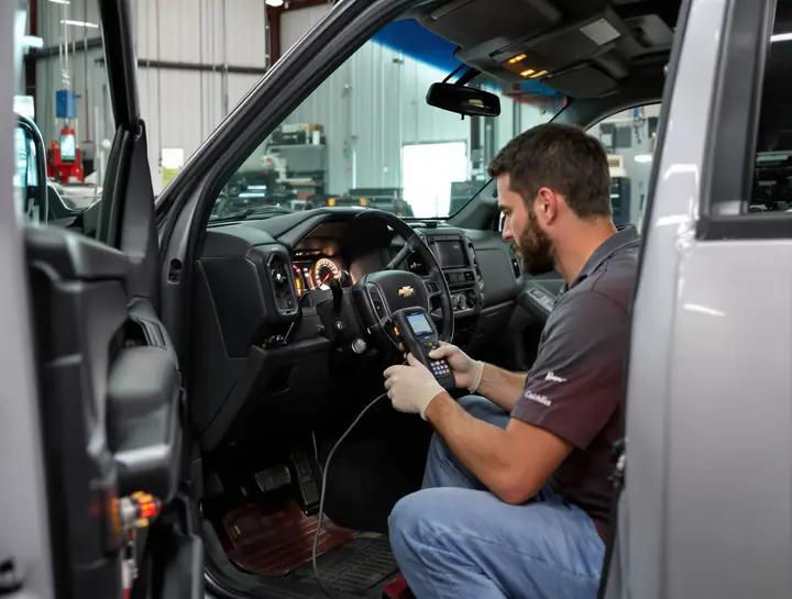 Tech plugging a scan tool into a pickup under the dash