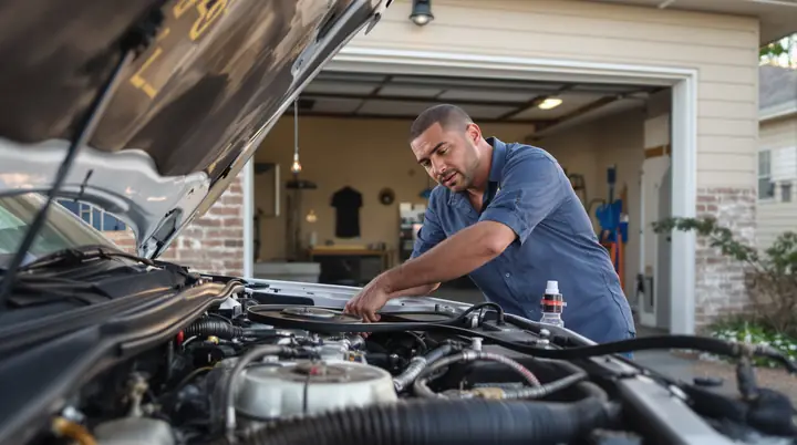 Mechanic fitting a new belt on an alternator in a pickup in a driveway
