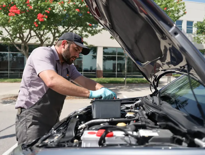 Mechanic swapping a battery in an office parking lot under crepe myrtles