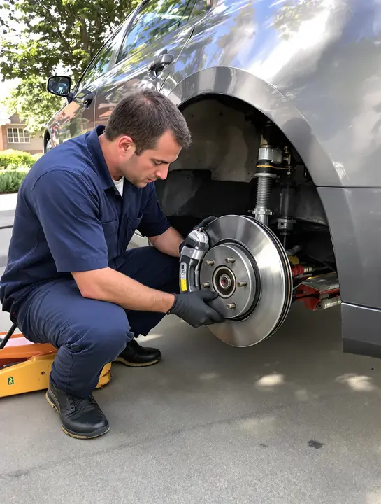 Porchside mechanic fitting a brake caliper over a new rotor in a driveway