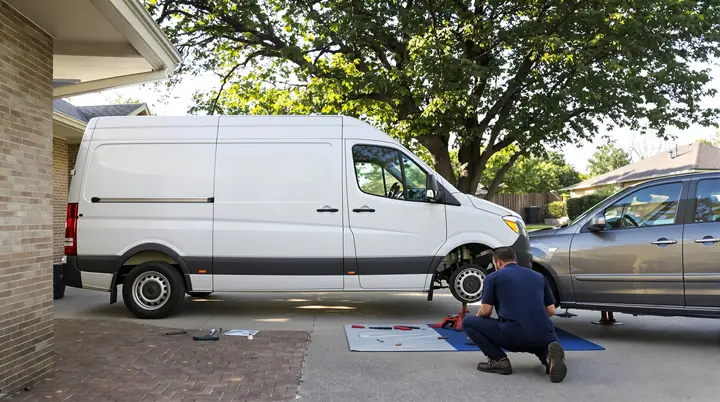 Brake job in a Dallas driveway beside the van