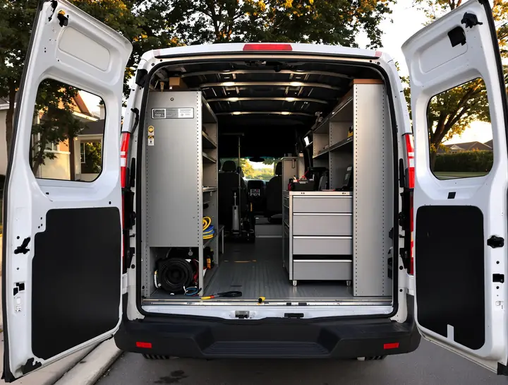 Back of the Porchside van with shelves of parts, a jack and hand tools
