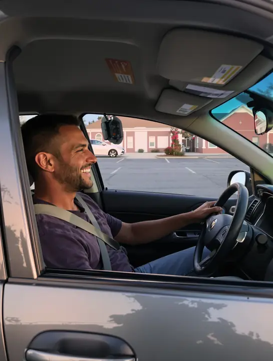 Member smiling behind the wheel on a test drive