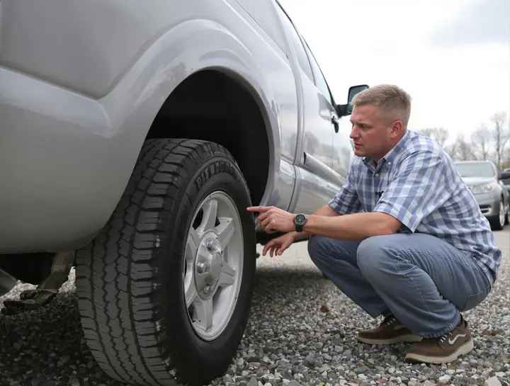 Buyer checking the tire tread on a used pickup