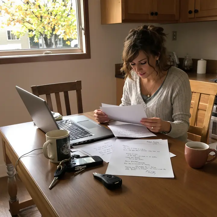 Member reading her dealer loan statement at the kitchen table