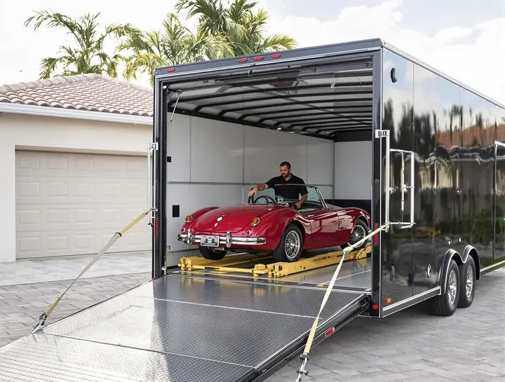 Red classic convertible strapped inside an enclosed trailer with a lift gate
