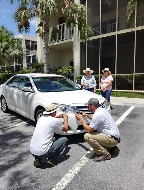 Drivers photographing a white sedan at pickup while the owners watch
