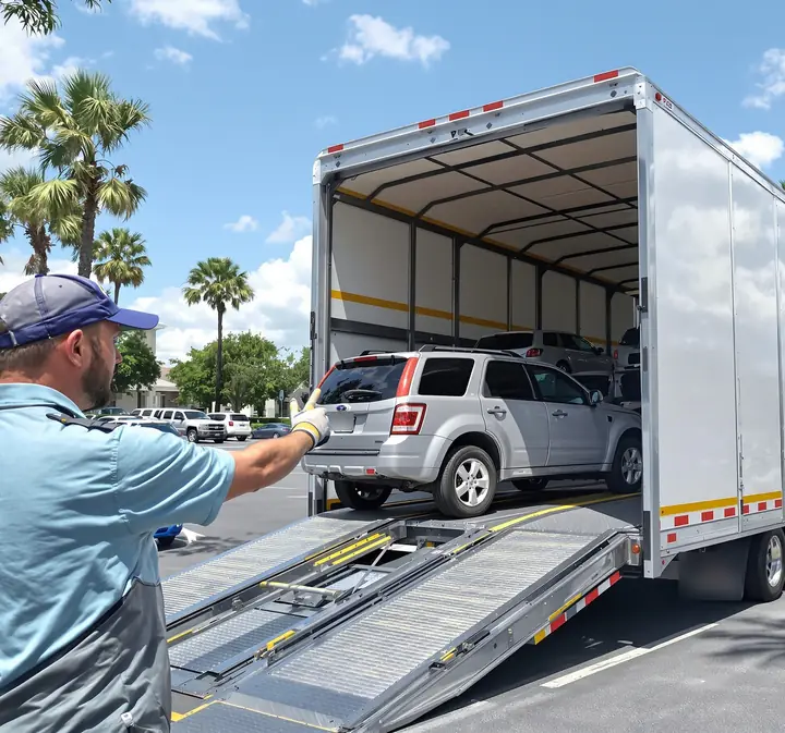 Driver guiding a silver SUV up the ramps in a Fort Myers condo lot