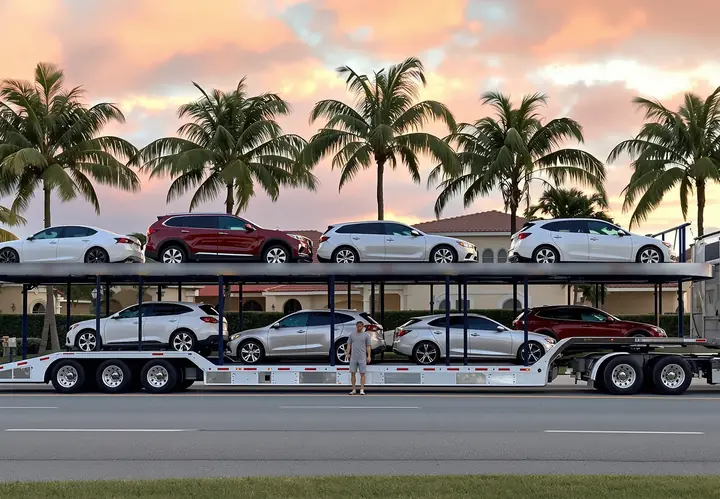 Two level open car carrier loaded with sedans and SUVs in Fort Myers