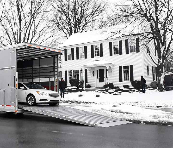 White sedan coming off a trailer on a snowy New England street