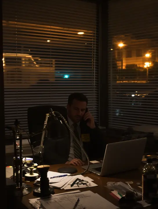 Our agent taking a call late at night at the office