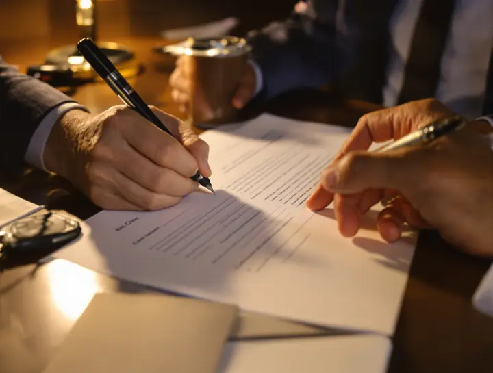 A co-signer signing the bond papers at the counter