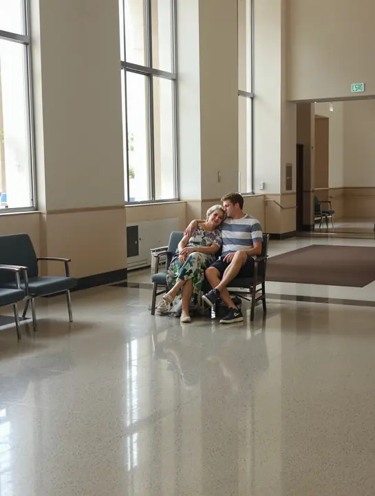 A grandmother and grandson waiting together in a lobby