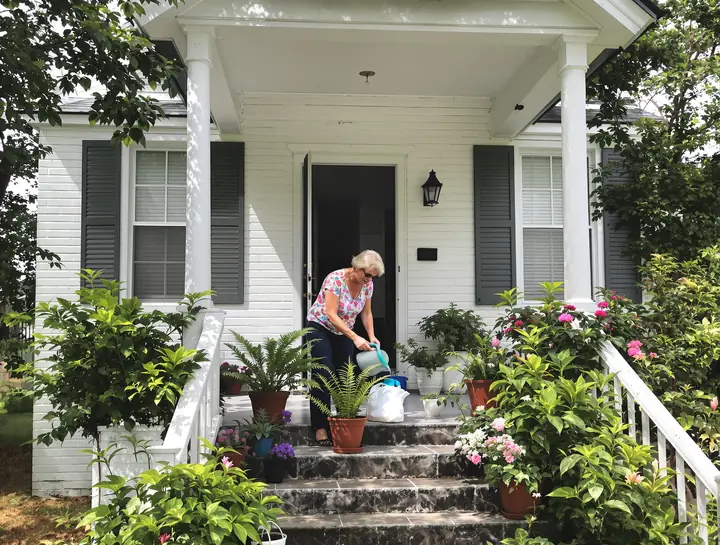 A homeowner watering ferns on the steps of her brick house in Jackson