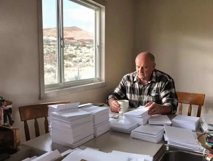 A retired client sorting his mail into piles at his kitchen table near Grand Junction