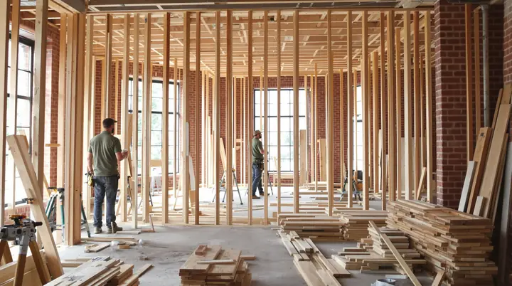 Carpenters framing new walls in an old brick storefront