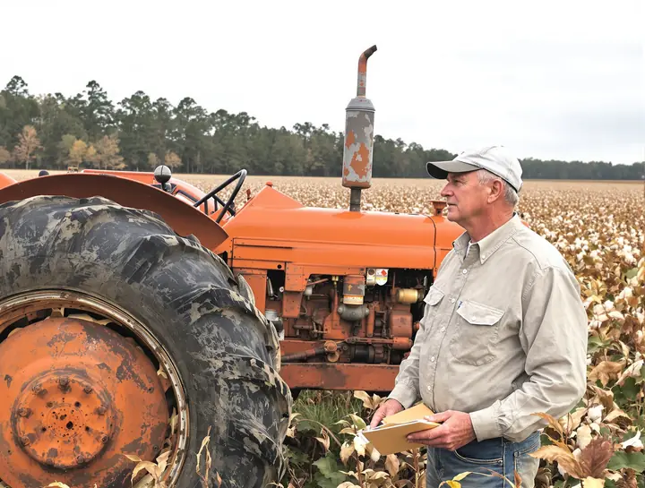 Farmer and a lending advisor looking over a used tractor in a Pitt County field