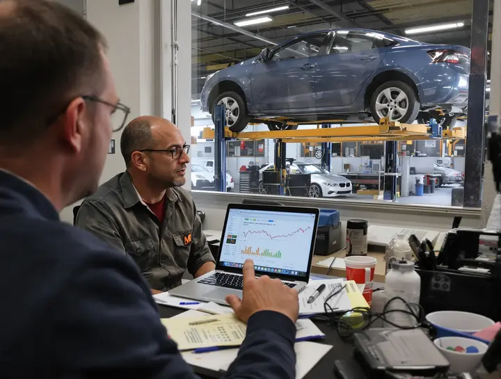 Advisor going over funding offers with an auto shop owner in his office
