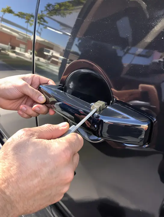 Locksmith working the door lock on a dark pickup
