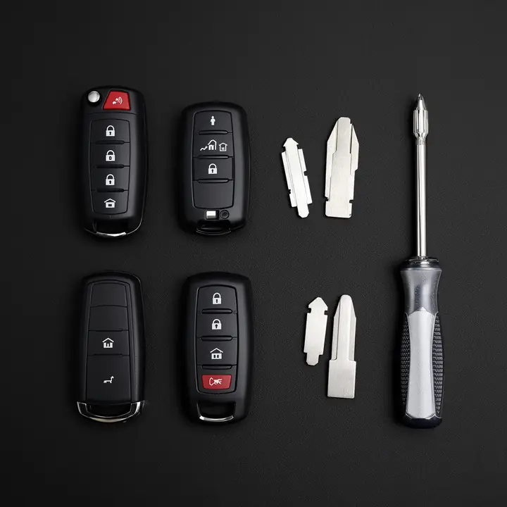 Flip keys, remote head keys and smart fobs with blank key blades on a work mat