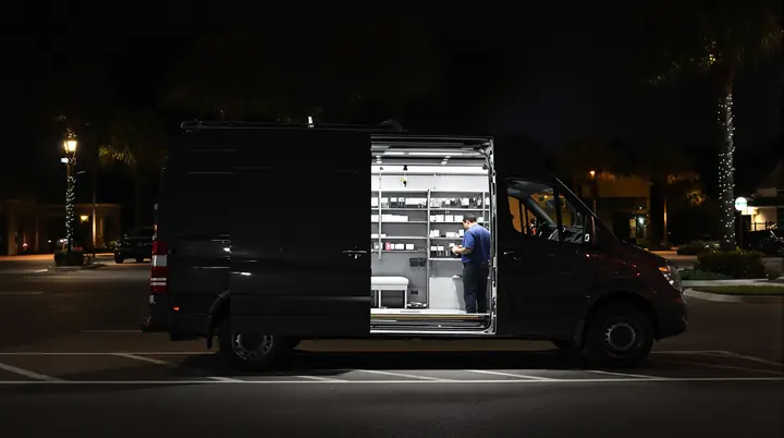 Our key van open at night in a hotel lot near Kissimmee